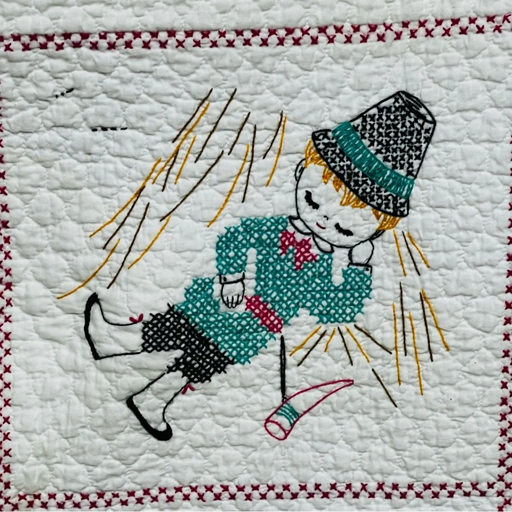 Vintage Nursery Rhyme Cross Stitch Baby Crib Quilt